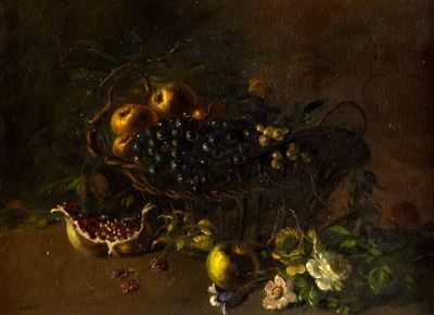 Scuola Italiana, Due nature morte con fiori e frutti in un cesto di vimini, olio su compensato