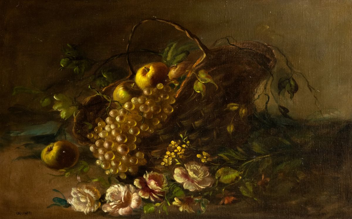 Scuola Italiana, Secolo XX - Scuola Italiana, Due nature morte con fiori e frutti in un cesto di ...