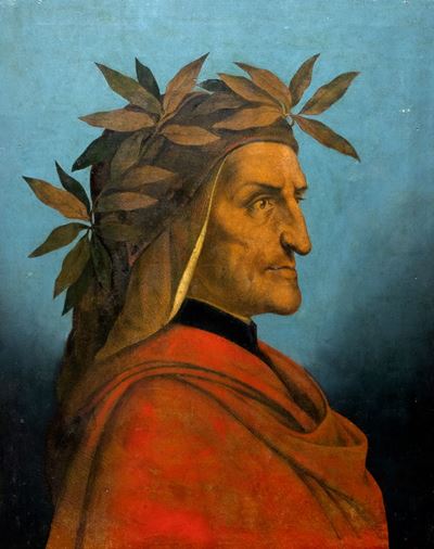 Scuola italiana, Ritratto di Dante - Incisione colorata a mano su carta applicata su tela