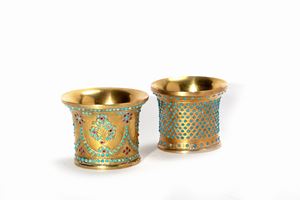 Two small gilded metal vases with turquoise and glass paste decorations, probably Russia, early 20th century