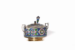 Sugar bowl in silver and polychrome enamels, Russia, early 20th century