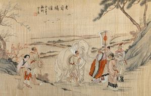 Two paintings on silk, depicting a landscape with fishermen and a procession with a white elephant, China, early 20th century