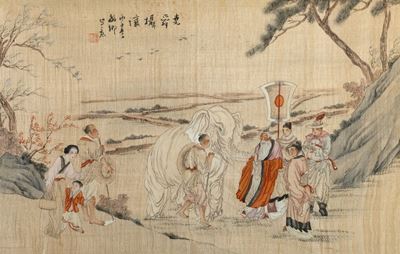 Cina, Due dipinti su seta raffiguranti un paesaggio con pescatori e un corteo con elefante bianco...