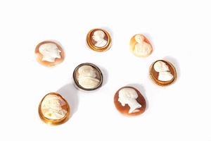 Lot consisting of seven cameos in various materials, with male profiles, 19th century