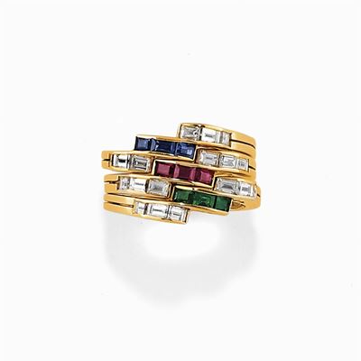 Tre Anelli in Oro 18k, Diamanti, Zaffiri, Rubini e Smeraldi