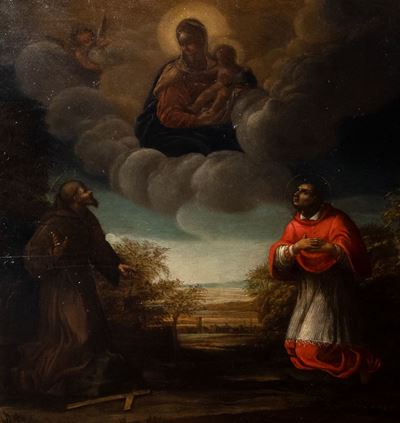 Autore ignoto, Madonna con Bambino appare a San Carlo Borromeo e San Francesco, olio su tavola