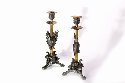 Candelabri in ferro e bronzo, coppia, inizi secolo XX