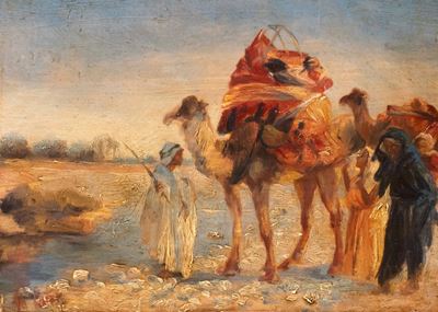 Autore non identificato, Paesaggio orientalista con beduini e cammelli, olio su tavola