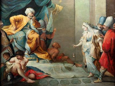 Autore non identificato, Ester e Assuero, olio su tavola