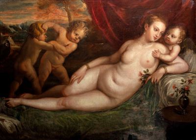 Autore ignoto, Venere distesa in un paesaggio con amorini, olio su tela, cm 162 x 117