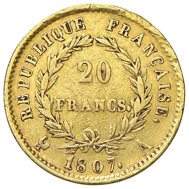 Francia, Napoleone I, Moneta da 20 franchi, 1807, Oro