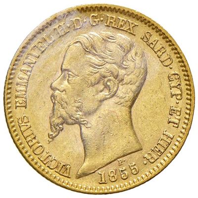 Vittorio Emanuele II, Moneta da 20 Lire del Regno di Sardegna (1855) - Variante H. Pagani 347