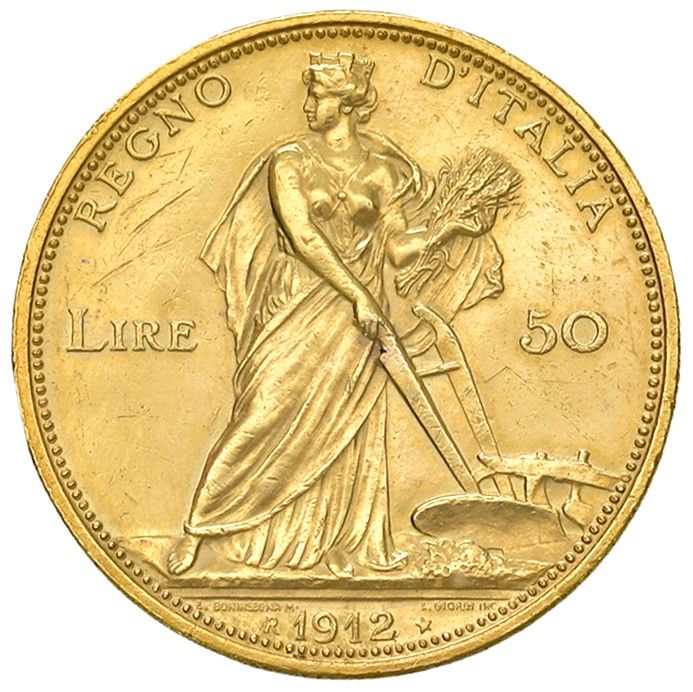 Vittorio Emanuele III, 50 Lire 1912, Aratrice