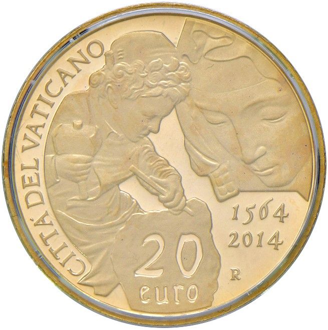 Papa Francesco, Commemorazione del 450° anniversario della morte di Michelangelo, 20 euro in oro ...
