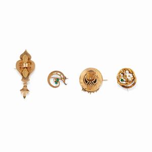 Four 18K yellow gold, synthetic colored gemstone, enamel and pearls brooches