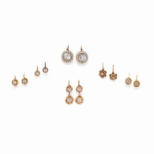 Six 18K yellow gold, synthetic and colored gemstones earrings