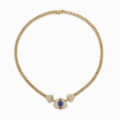 Collana in Oro 18k, Zaffiro e Diamanti, 1980 Circa