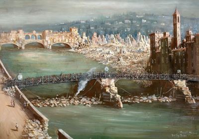 Scuola italiana del XX secolo, Veduta di Firenze con Ponte Vecchio e Ponte Santa Trinita, olio su...