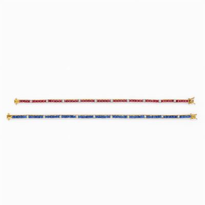 Due Bracciali Tennis in Oro 18k, Diamanti, Rubini e Zaffiri