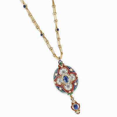 Collana con Pendente in Oro 18k, Smalti Policromi, Zaffiri e Diamanti, 1970 Circa