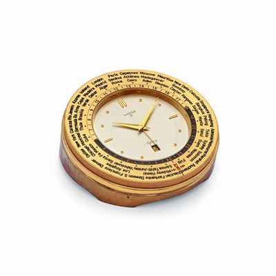 Orologio da tavolo con svegliarino e ore del mondo, Asprey, anni '60, ottone dorato