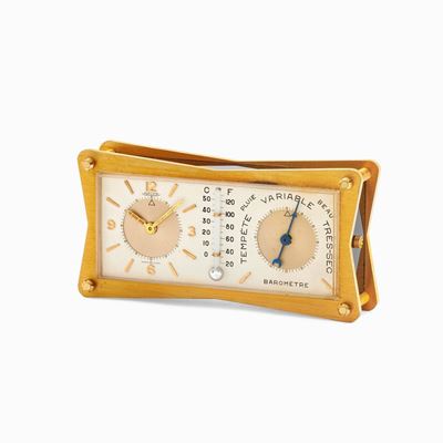 Orologio da tavolo con svegliarino, termometro e barometro, anni '60, ottone dorato e acrilico ne...