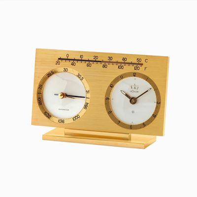 Orologio da tavolo con svegliarino, termometro e barometro, anni '60, ottone dorato