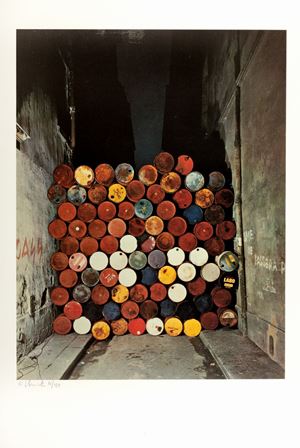 Wall of oil barrels - the iron curtain, rue visconti, Paris 1961 - 1962