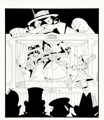 Pinocchio al teatro dei burattini, matita e china su cartoncino