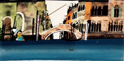 Bozzetto, Pinocchio a Venezia - tempera su cartoncino e su rodovetro