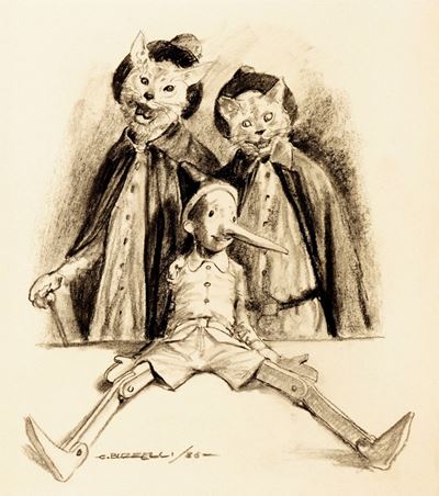 Pinocchio con il Gatto e la Volpe, matita e carboncino su carta