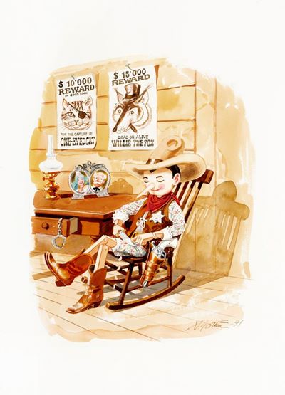 Pinocchio sceriffo, acquerello e tempera su cartoncino