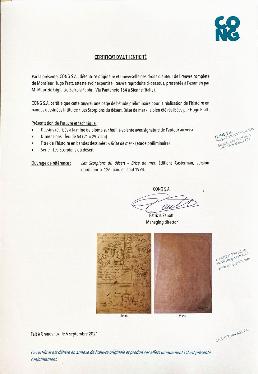 Hugo Pratt - Gli scorpioni del deserto - Brise de Mer, matita su carta, 21 x 29,5 cm, 1992