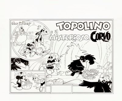 Topolino e il misterioso corvo, matita e china su cartoncino