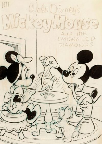 Topolino e i contrabbandieri di gioielli, matita, pastelli e china su carta