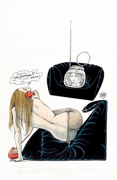 Pronto...Valentina?! - matita, china e acquerello su cartone