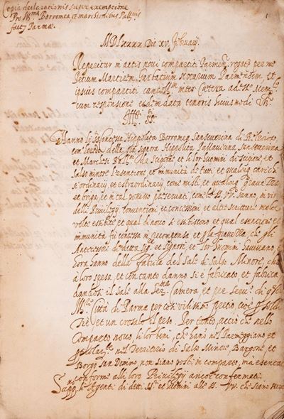 Documento di Esenzione dalla Tassa sul Sale a Favore della Contessa Hippolita Borromea Sanseverin...
