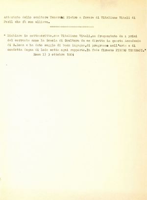 Lettera Autografa dello scultore forlivese Vitali Vitaliano