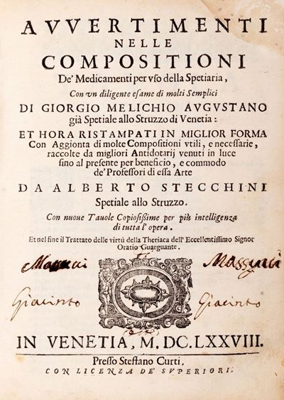 Avvertimenti nelle Composizioni De Medicamenti per Uso della Spetiaria. con un Diligente Esame di...