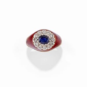  - A 18K two-color gold, sapphire, diamond and enamel ring