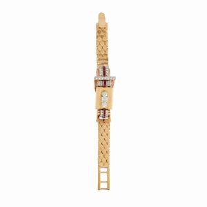 A 14k two-color gold, diamond and ruby wristwatch, circa 1940, defects