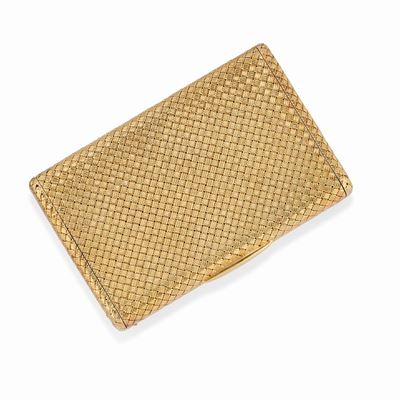 Portasigarette in oro giallo 18k, circa 1950, lavorazione a tessuto
