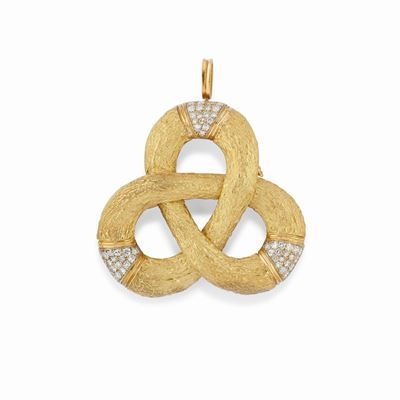 Pendente-spilla in oro bicolore 18k con diamanti taglio brillante