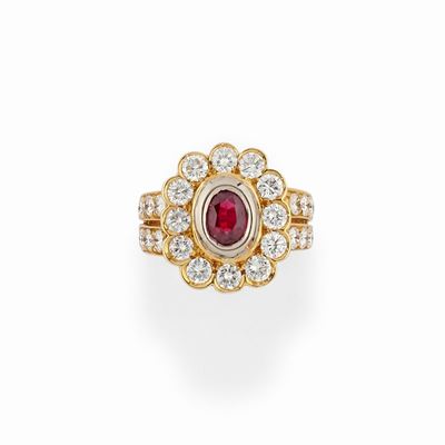 Anello in oro giallo 18k con rubino sintetico e diamanti