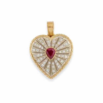 Pendente in oro bicolore 18k con diamanti e rubino a forma di goccia