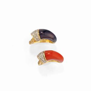 Two 18k two-color gold, coral, gemstone and diamond rings