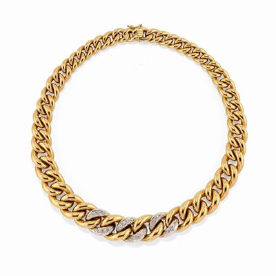 Collana in oro bicolore 18k con diamanti, realizzata a maglia groumette
