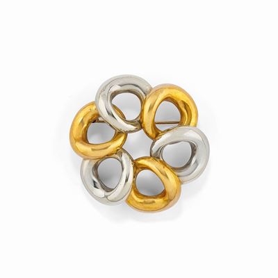 Spilla in oro bicolore 18k, a forma di grande fiore
