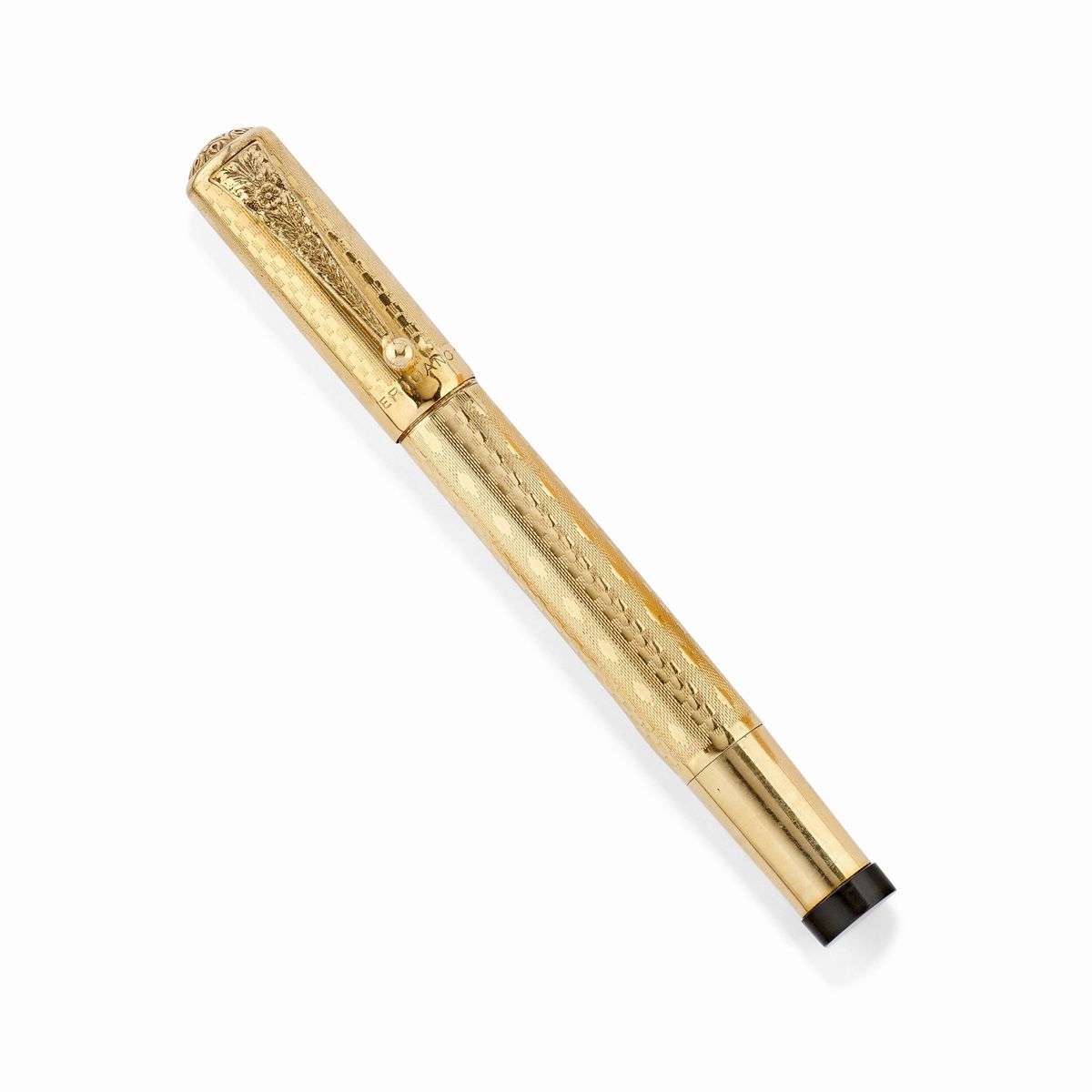 Accendino Dupont in oro giallo 18k, fede in oro giallo 18k con dedica e penna stilografica Peters...