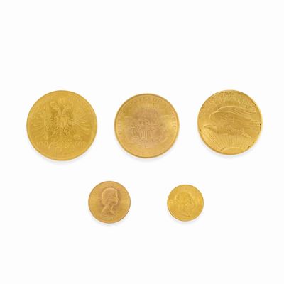 Cinque monete in oro, varie nazionalità e titoli